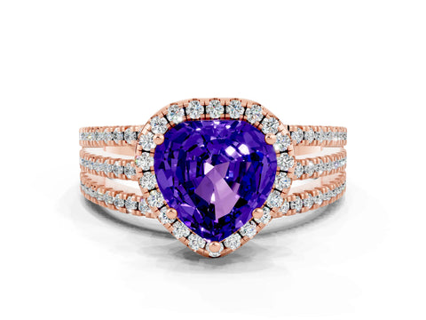 Rose gold Heart Cut Tanzanite Halo Engagement Ring with Split Shank and Four-Prong Setting