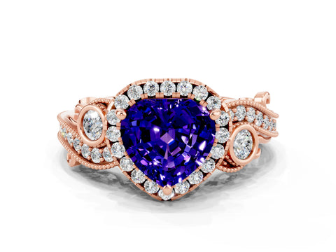Rose gold Heart Cut Tanzanite Halo Ring with Milgrain Pavé Band and Four-Prong Setting_12