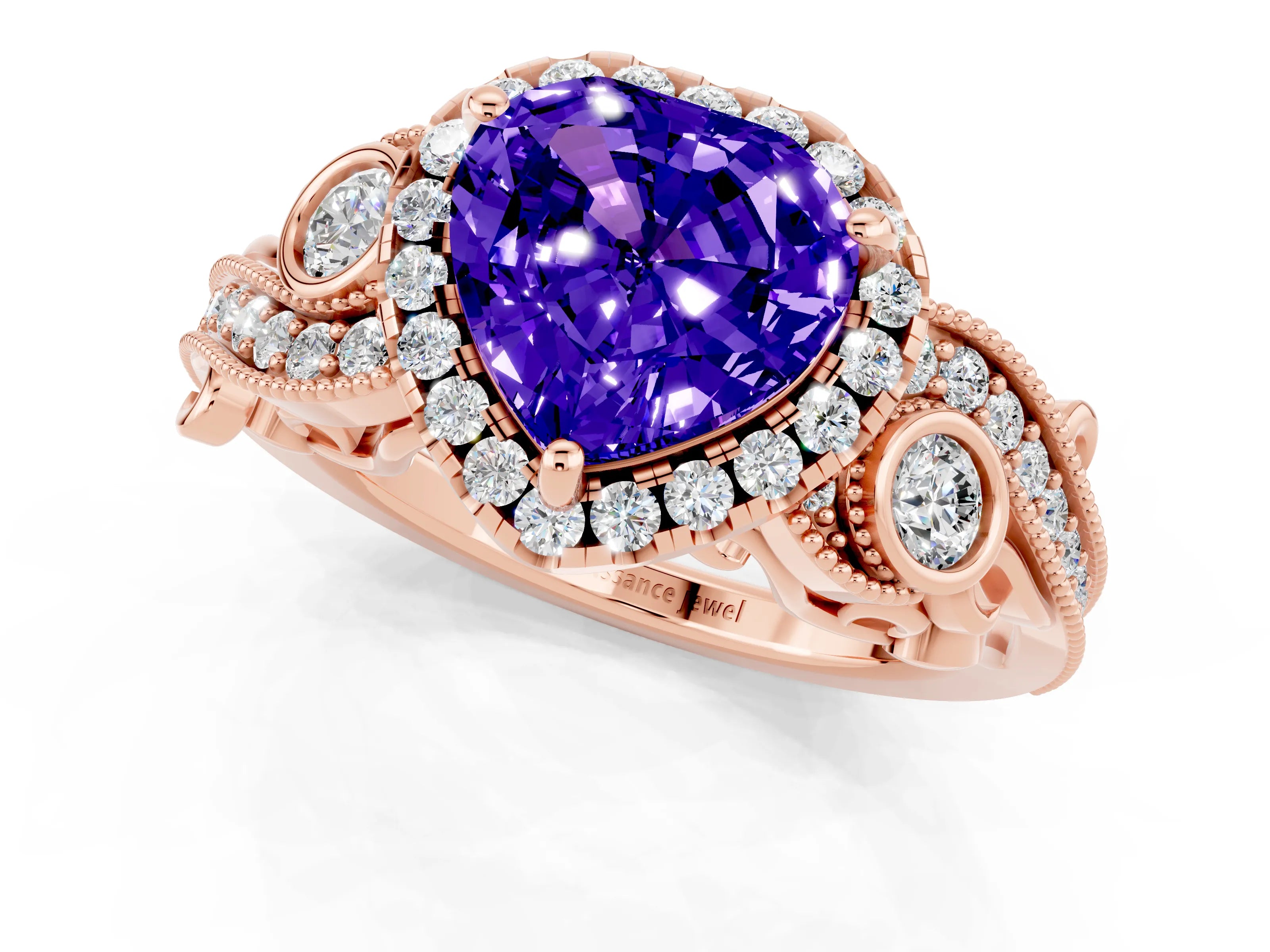 Rose gold Heart Cut Tanzanite Halo Ring with Milgrain Pavé Band and Four-Prong Setting_13