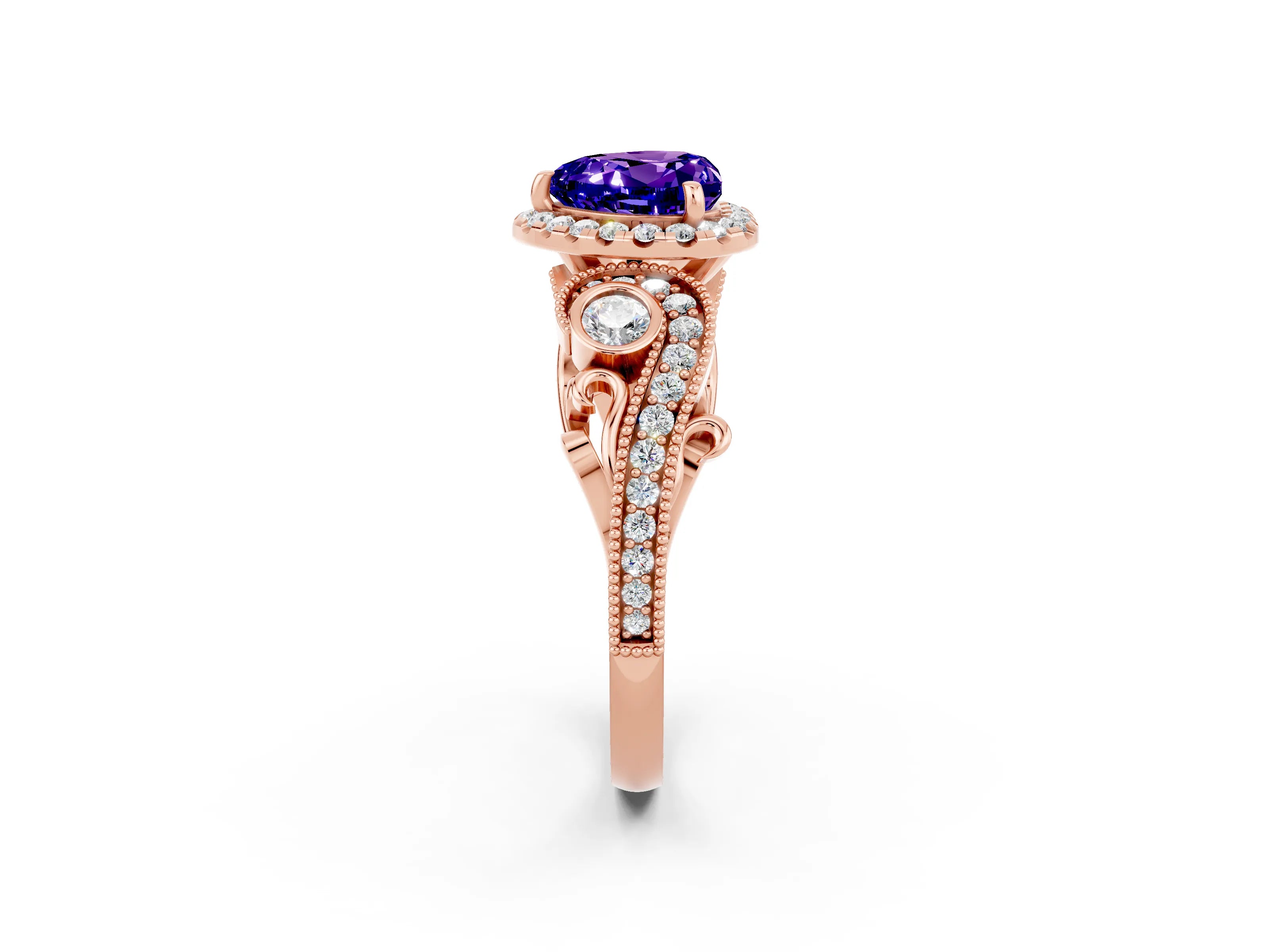 Rose gold Heart Cut Tanzanite Halo Ring with Milgrain Pavé Band and Four-Prong Setting_14