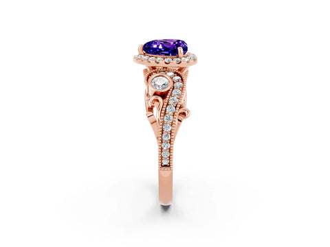 Rose gold Heart Cut Tanzanite Halo Ring with Milgrain Pavé Band and Four-Prong Setting_14