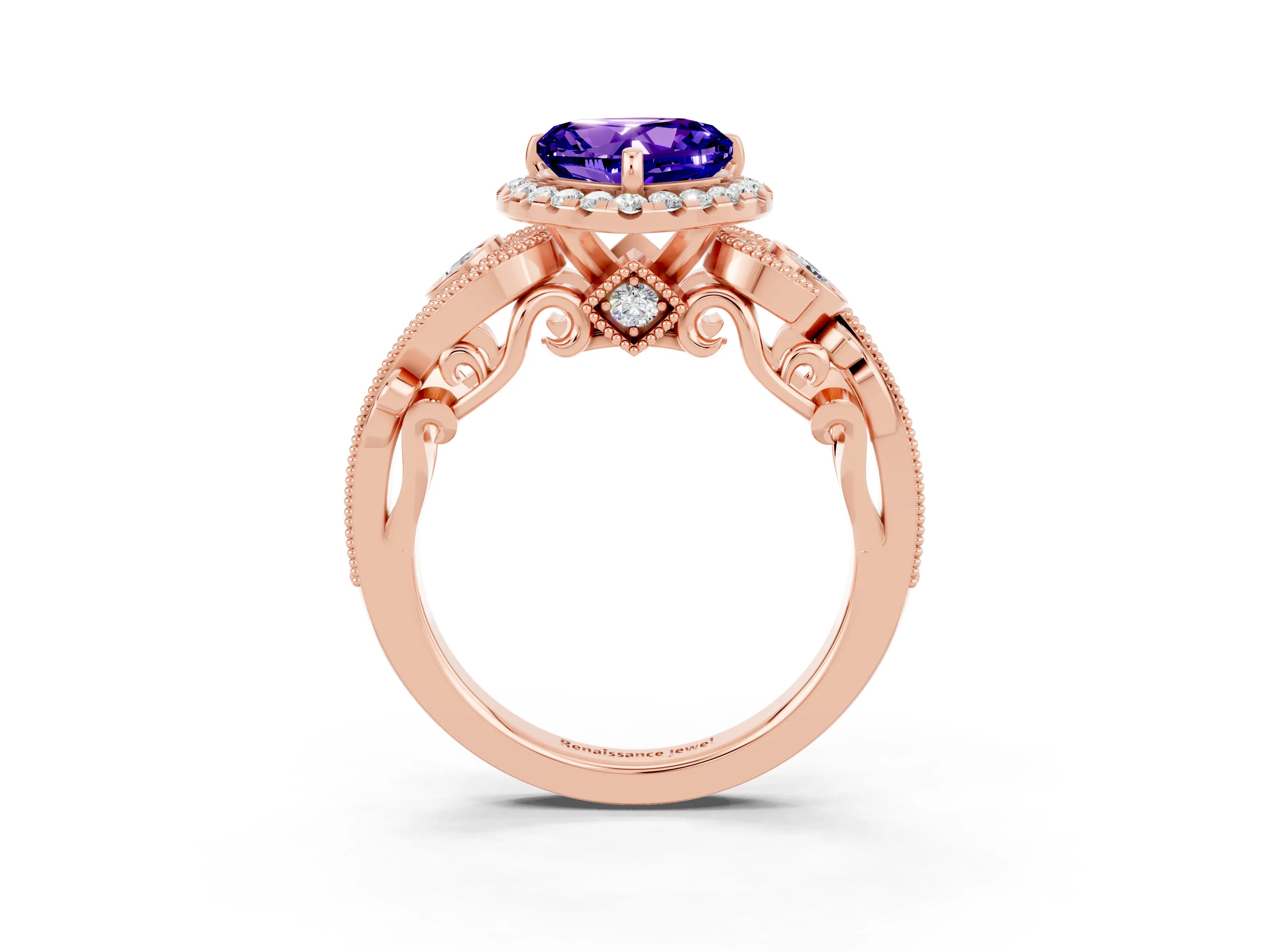 Rose gold Heart Cut Tanzanite Halo Ring with Milgrain Pavé Band and Four-Prong Setting_15