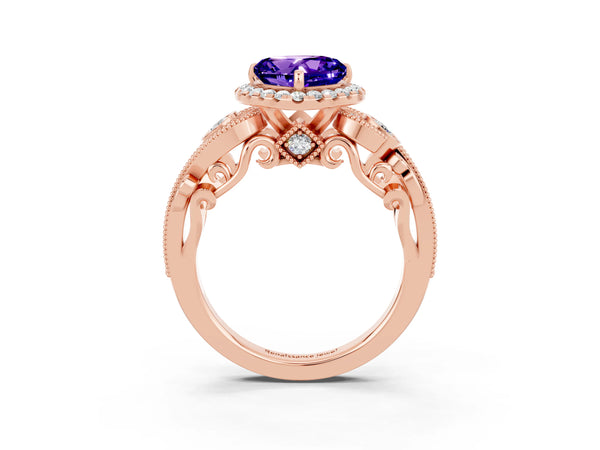 Rose gold Heart Cut Tanzanite Halo Ring with Milgrain Pavé Band and Four-Prong Setting
