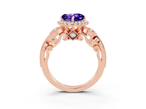 Rose gold Heart Cut Tanzanite Halo Ring with Milgrain Pavé Band and Four-Prong Setting_15