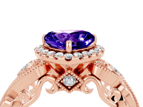 Rose gold Heart Cut Tanzanite Halo Ring with Milgrain Pavé Band and Four-Prong Setting_16