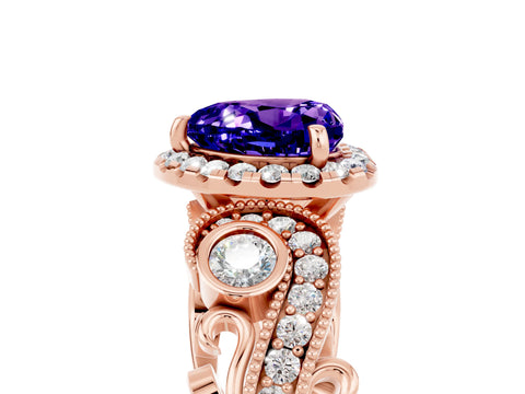 Rose gold Heart Cut Tanzanite Halo Ring with Milgrain Pavé Band and Four-Prong Setting_17