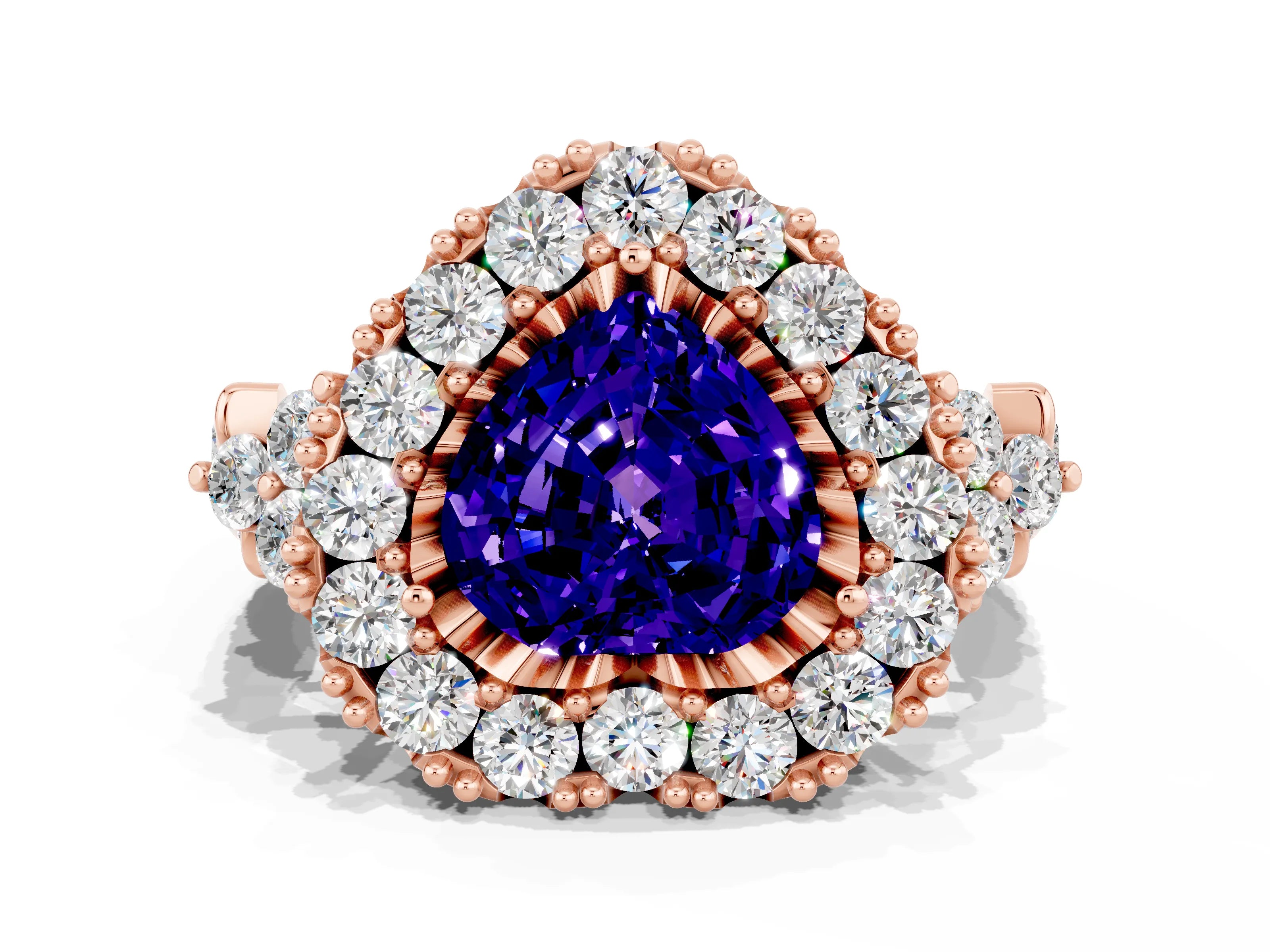 Rose gold Heart Cut Tanzanite Halo Ring with Pavé Band and Four-Prong Setting_12