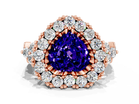 Rose gold Heart Cut Tanzanite Halo Ring with Pavé Band and Four-Prong Setting_12