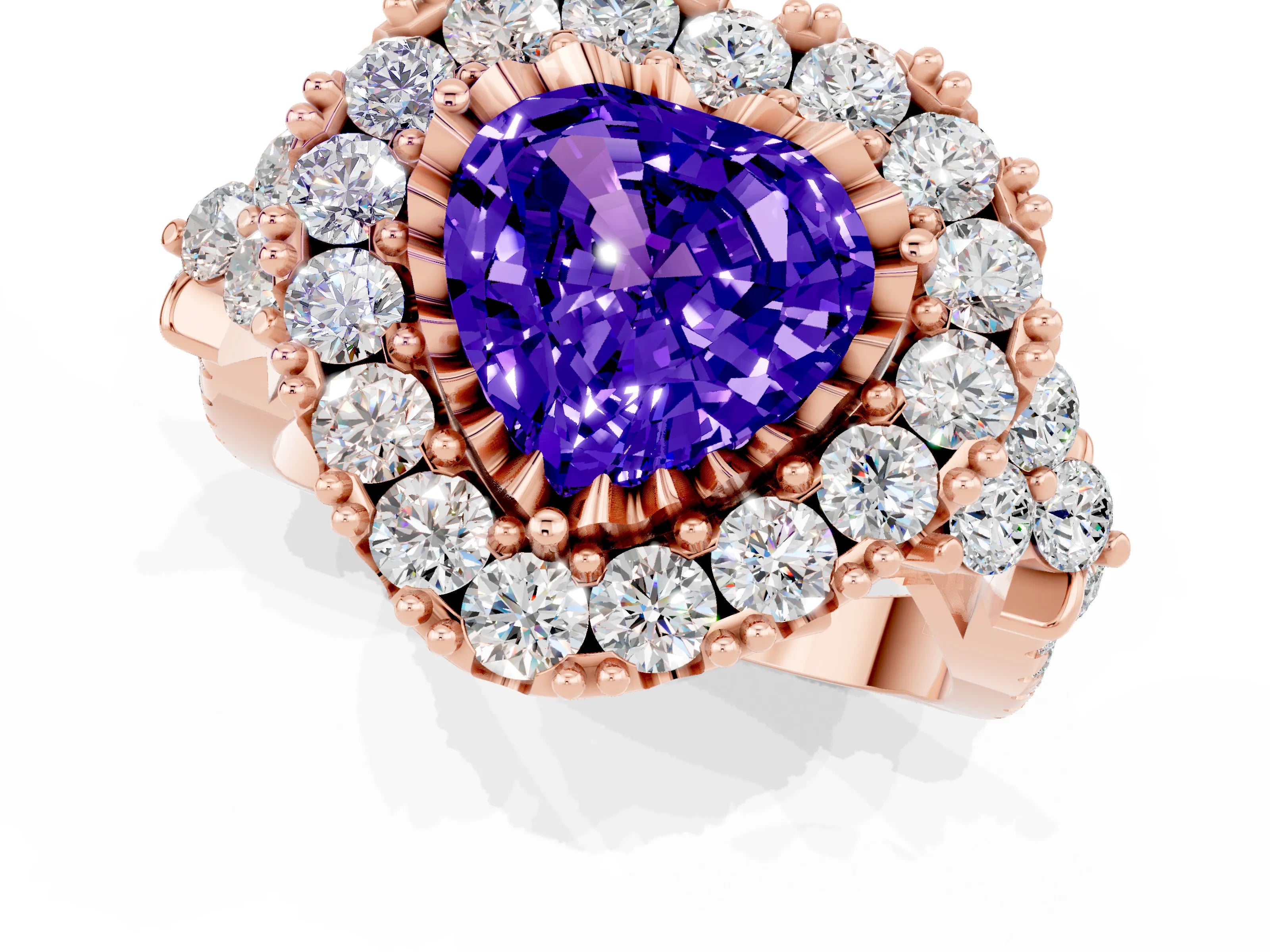 Rose gold Heart Cut Tanzanite Halo Ring with Pavé Band and Four-Prong Setting_13