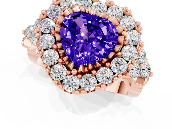 Rose gold Heart Cut Tanzanite Halo Ring with Pavé Band and Four-Prong Setting