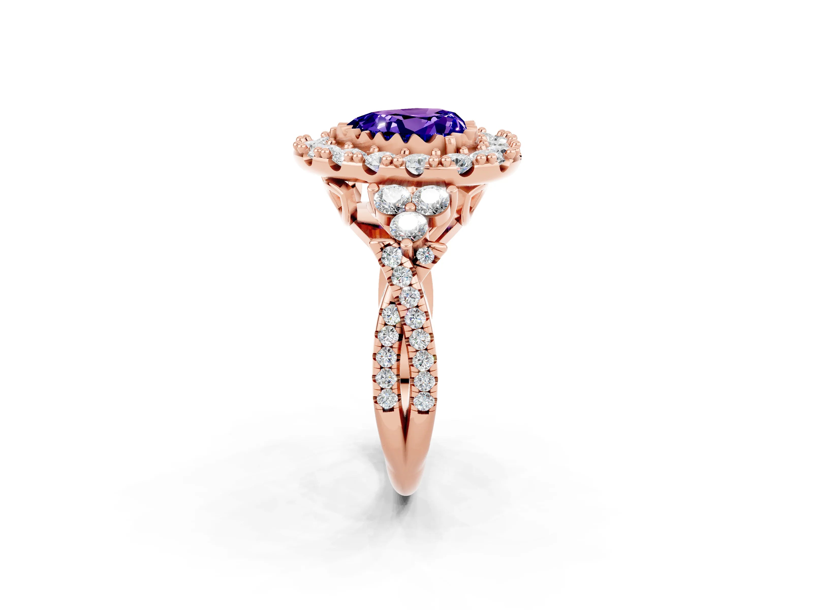 Rose gold Heart Cut Tanzanite Halo Ring with Pavé Band and Four-Prong Setting_14