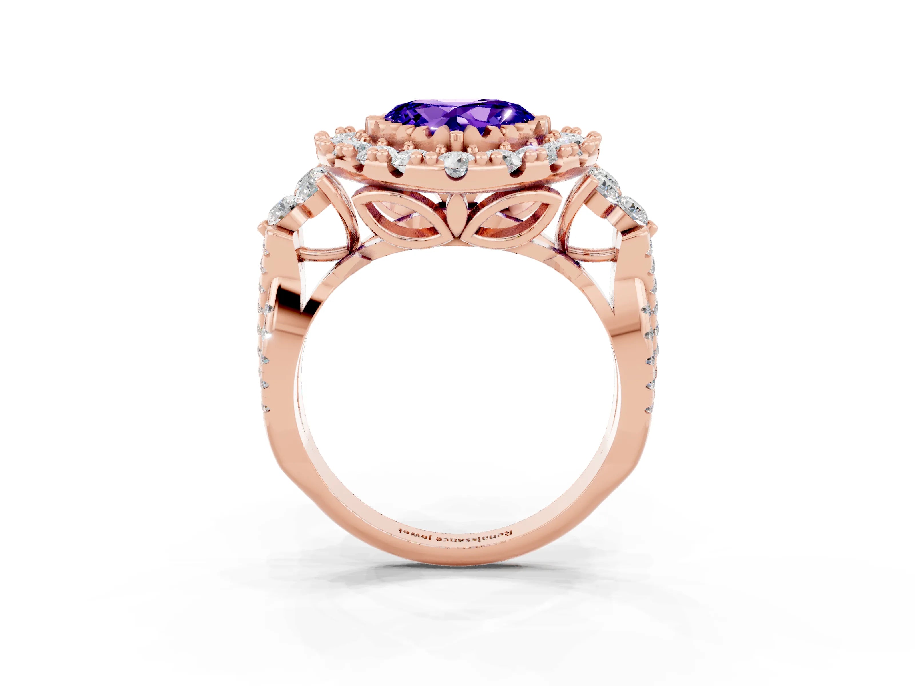 Rose gold Heart Cut Tanzanite Halo Ring with Pavé Band and Four-Prong Setting_15