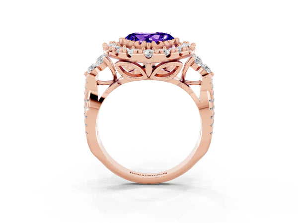 Rose gold Heart Cut Tanzanite Halo Ring with Pavé Band and Four-Prong Setting