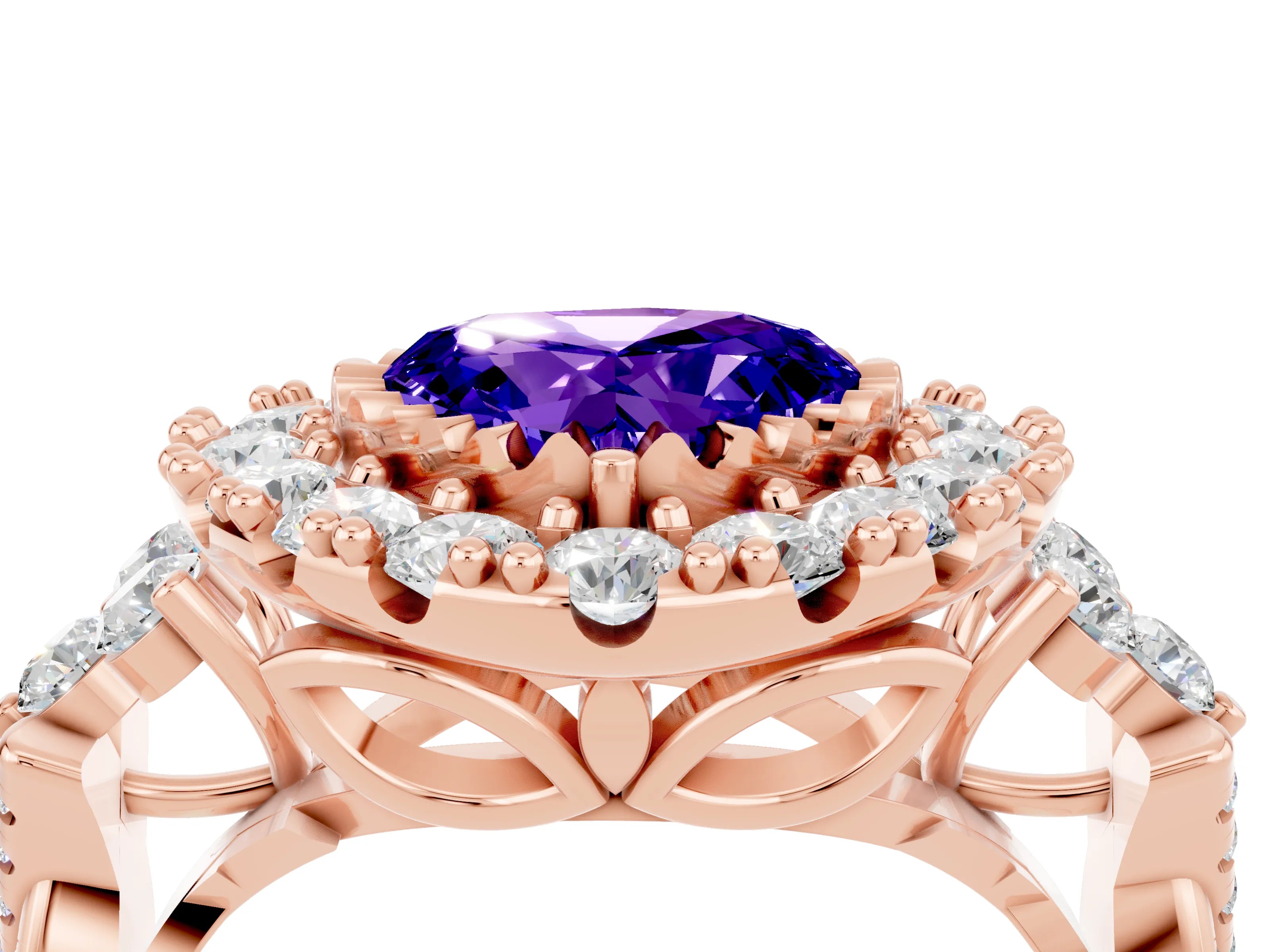 Rose gold Heart Cut Tanzanite Halo Ring with Pavé Band and Four-Prong Setting_16