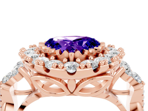 Rose gold Heart Cut Tanzanite Halo Ring with Pavé Band and Four-Prong Setting_16