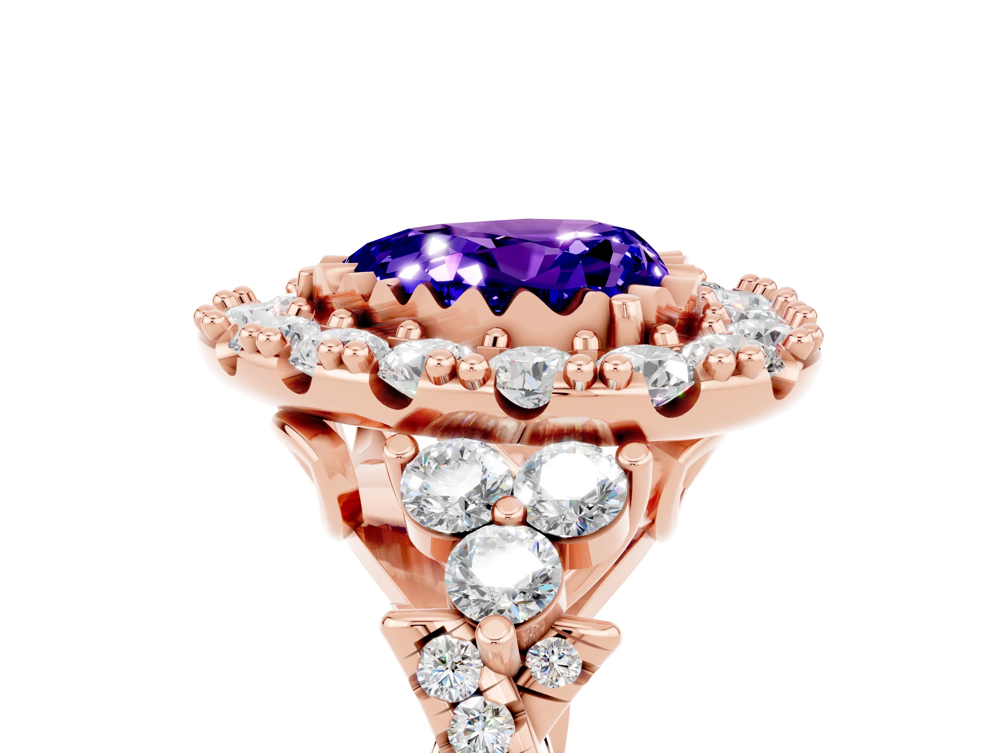 Rose gold Heart Cut Tanzanite Halo Ring with Pavé Band and Four-Prong Setting_17