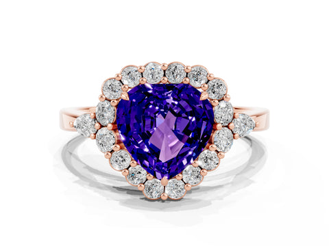Rose gold Heart Cut Tanzanite Halo Ring with Pear Side Stones and Prong Setting_12