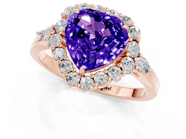 Rose gold Heart Cut Tanzanite Halo Ring with Pear Side Stones and Prong Setting