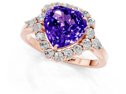 Rose gold Heart Cut Tanzanite Halo Ring with Pear Side Stones and Prong Setting_13