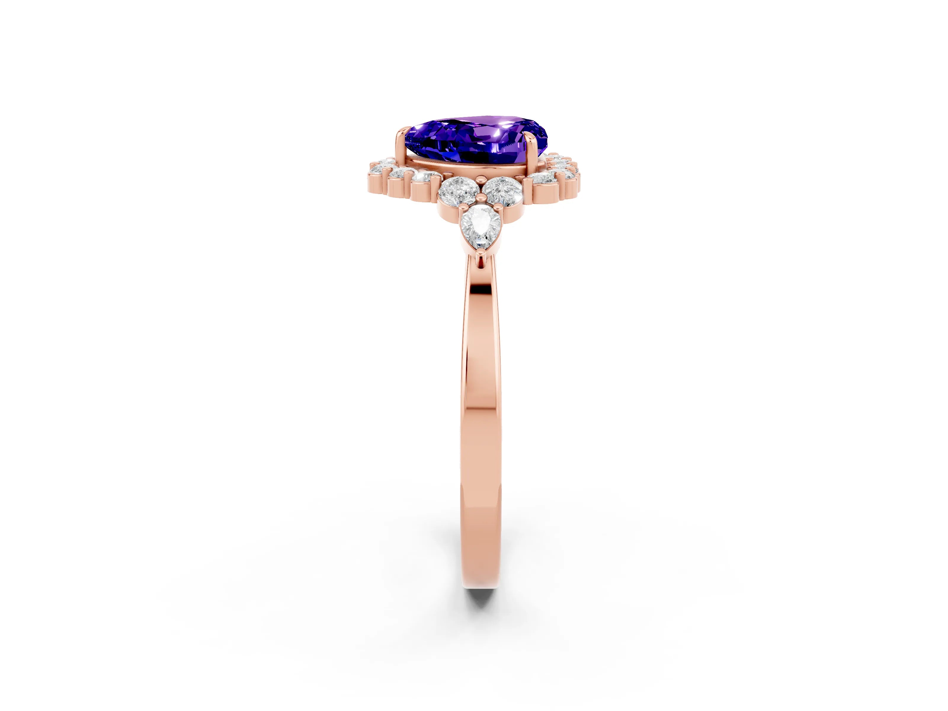 Rose gold Heart Cut Tanzanite Halo Ring with Pear Side Stones and Prong Setting_14