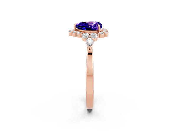 Rose gold Heart Cut Tanzanite Halo Ring with Pear Side Stones and Prong Setting