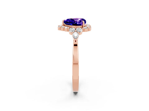 Rose gold Heart Cut Tanzanite Halo Ring with Pear Side Stones and Prong Setting_14