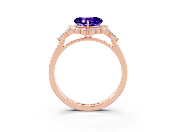 Rose gold Heart Cut Tanzanite Halo Ring with Pear Side Stones and Prong Setting