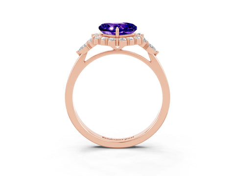 Rose gold Heart Cut Tanzanite Halo Ring with Pear Side Stones and Prong Setting_15