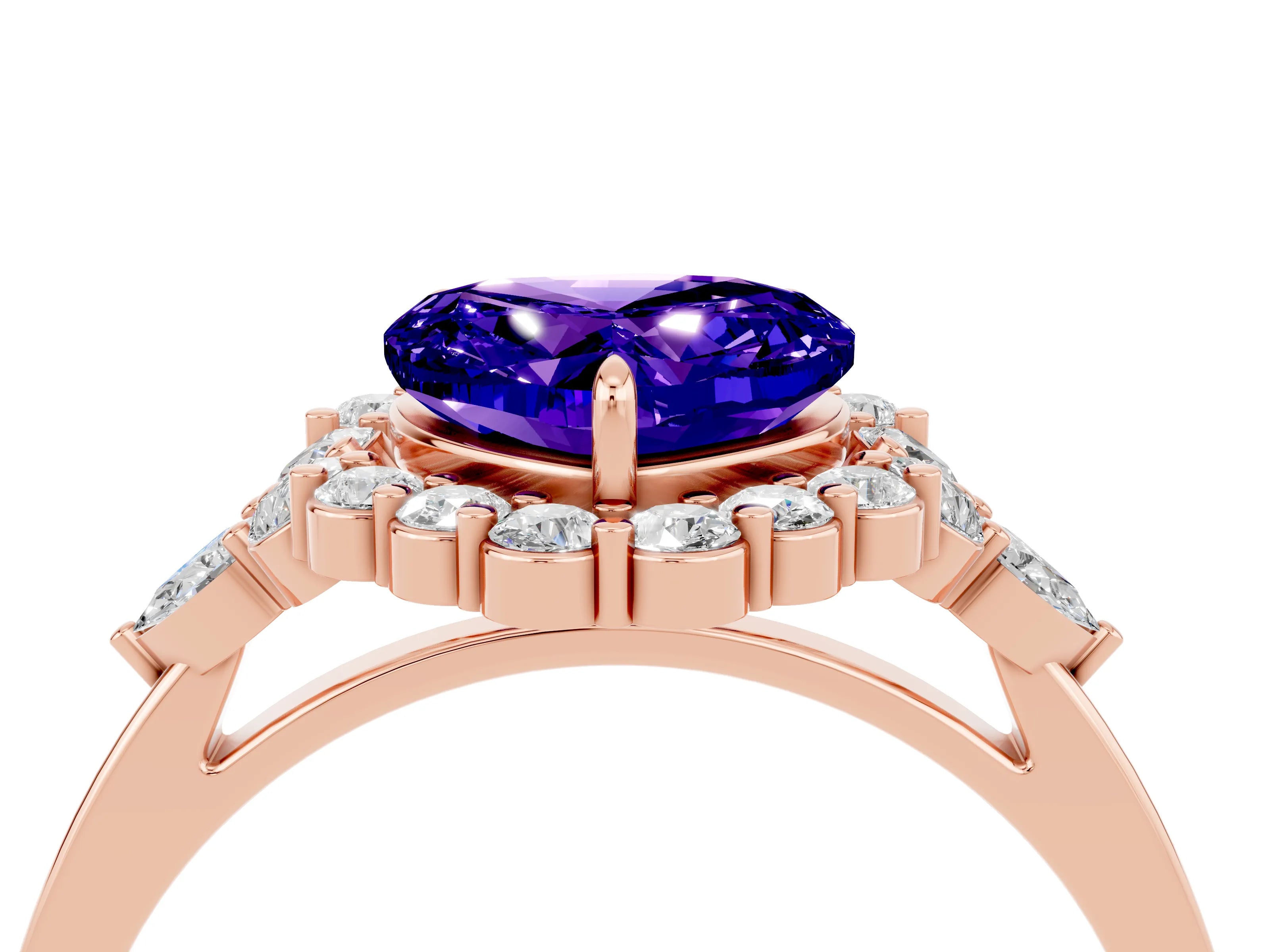 Rose gold Heart Cut Tanzanite Halo Ring with Pear Side Stones and Prong Setting_16
