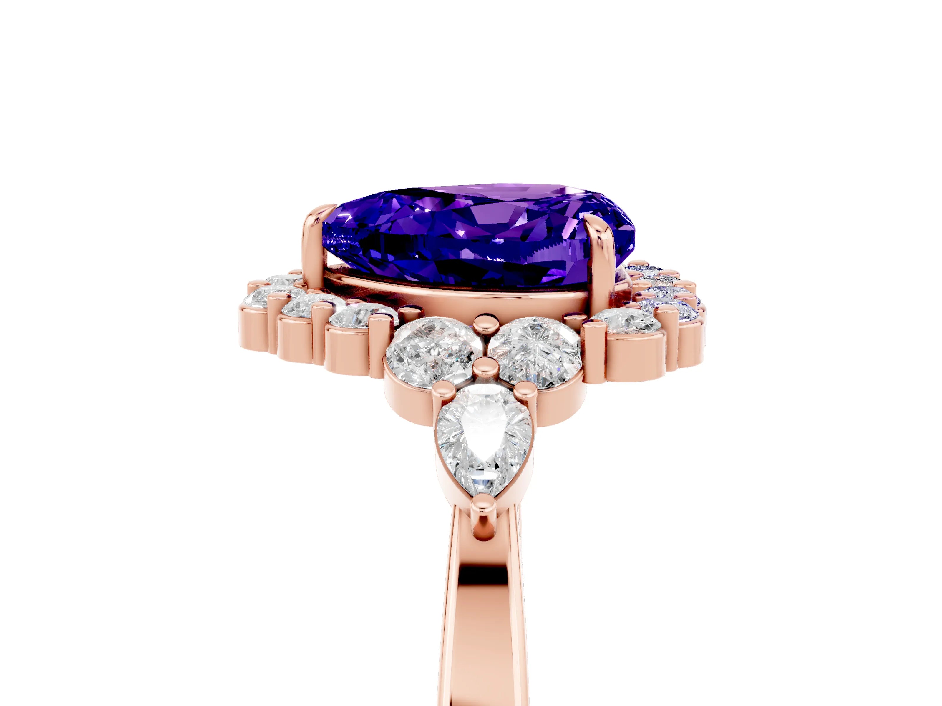 Rose gold Heart Cut Tanzanite Halo Ring with Pear Side Stones and Prong Setting_17