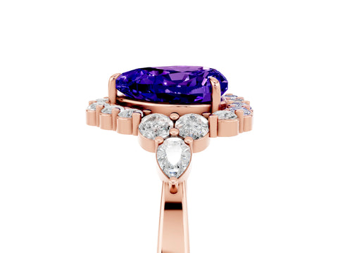 Rose gold Heart Cut Tanzanite Halo Ring with Pear Side Stones and Prong Setting_17