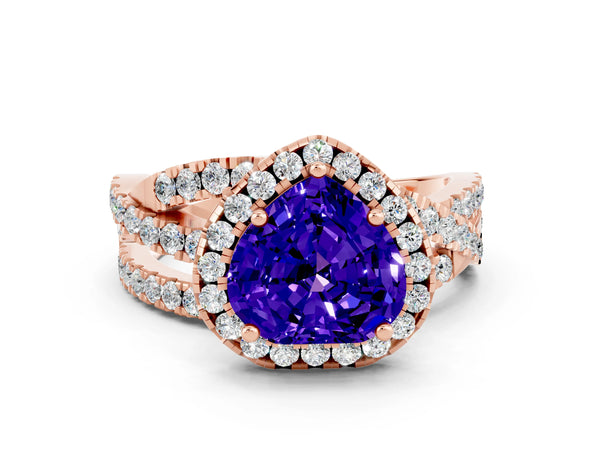 Rose gold Heart Cut Tanzanite Halo Ring with Round Split Shank and Prong Setting