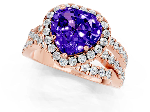 Rose gold Heart Cut Tanzanite Halo Ring with Round Split Shank and Prong Setting