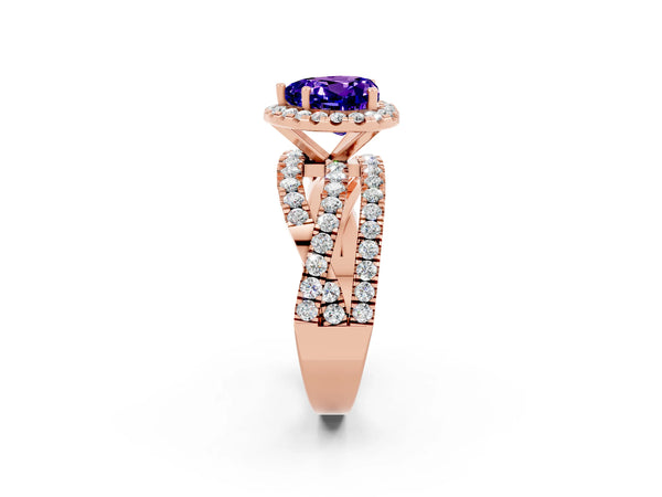 Rose gold Heart Cut Tanzanite Halo Ring with Round Split Shank and Prong Setting