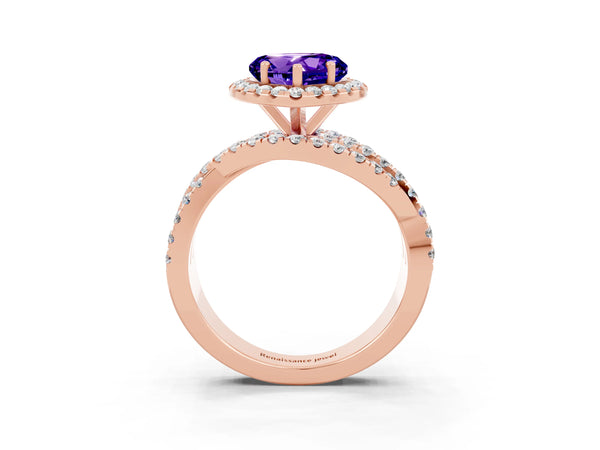 Rose gold Heart Cut Tanzanite Halo Ring with Round Split Shank and Prong Setting