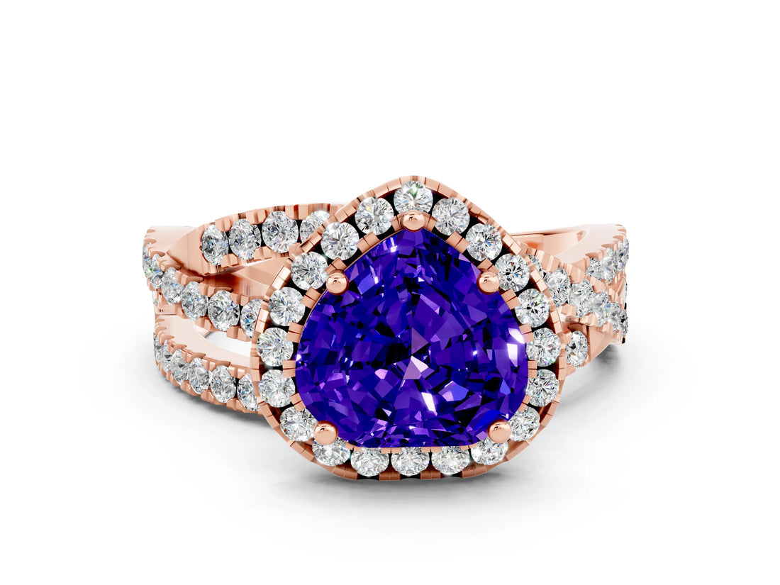 Rose gold Heart Cut Tanzanite Halo Ring with Round Split Shank and Prong Setting_48
