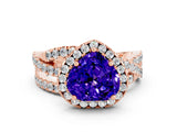 Rose gold Heart Cut Tanzanite Halo Ring with Round Split Shank and Prong Setting_48
