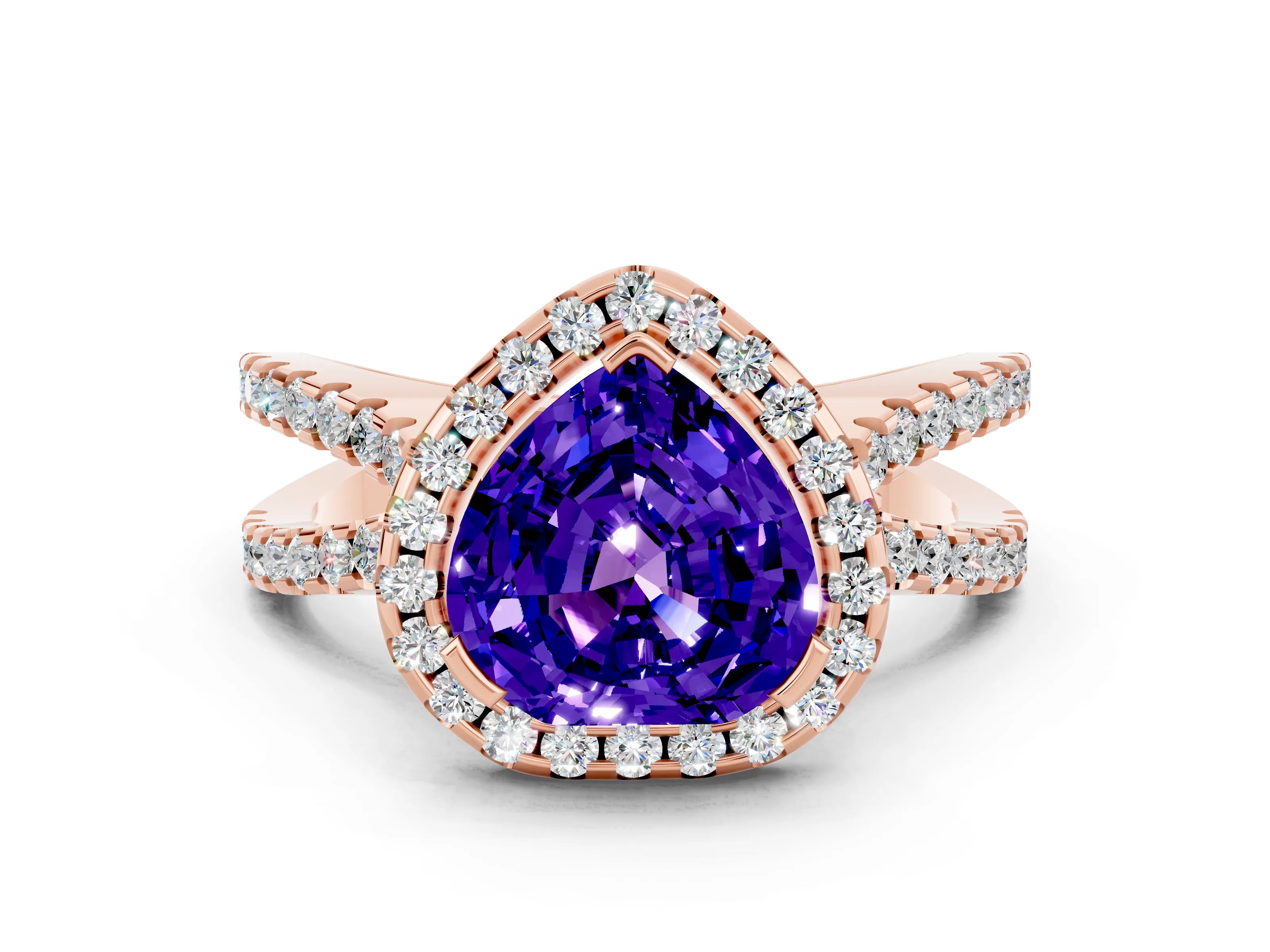 Rose gold Heart Cut Tanzanite Halo Ring with Split Shank Pavé Band and Prong Setting