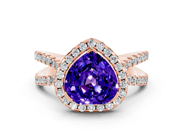 Rose gold Heart Cut Tanzanite Halo Ring with Split Shank Pavé Band and Prong Setting