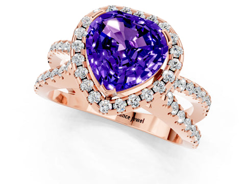 Rose gold Heart Cut Tanzanite Halo Ring with Split Shank Pavé Band and Prong Setting_1