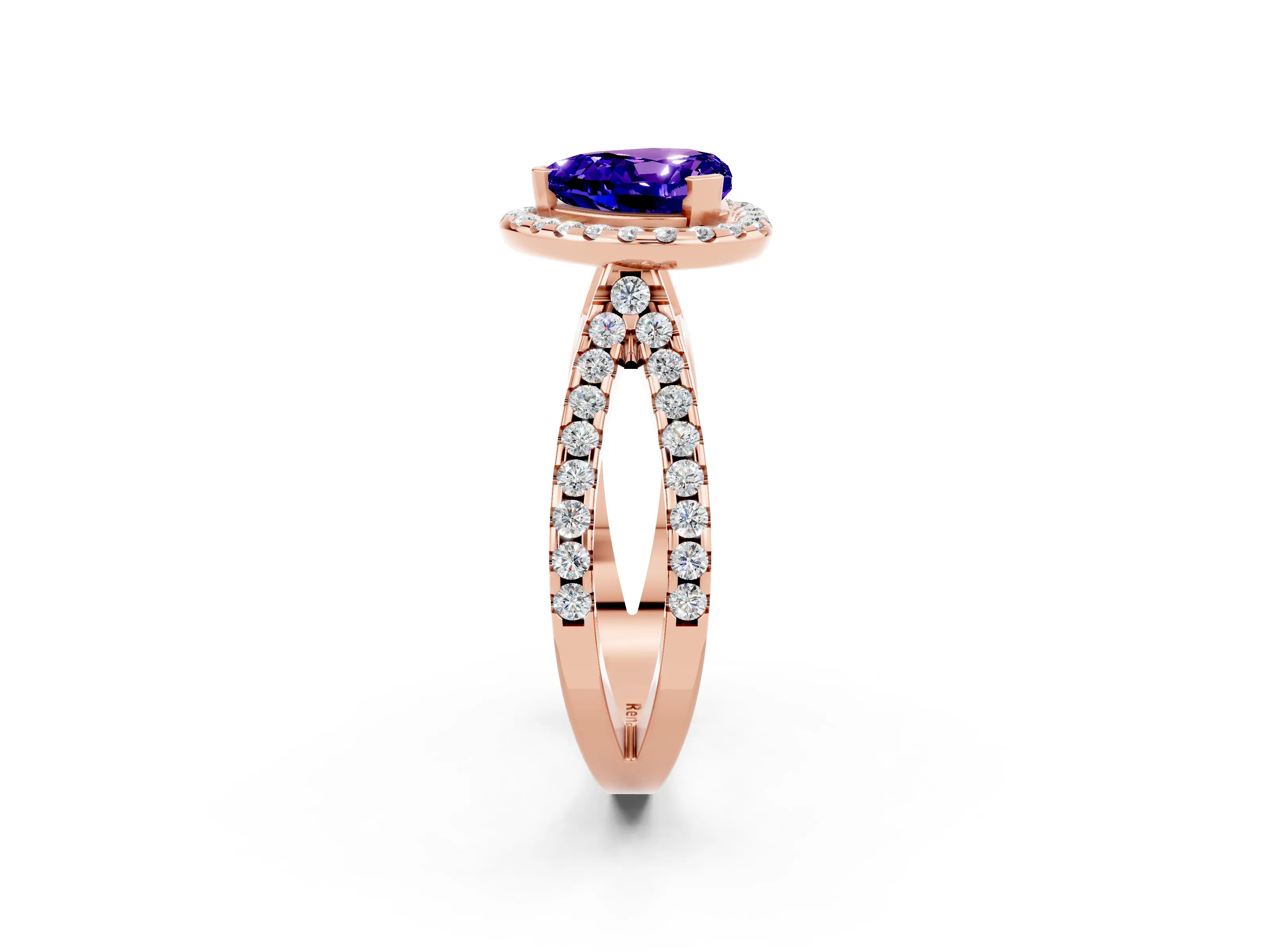 Rose gold Heart Cut Tanzanite Halo Ring with Split Shank Pavé Band and Prong Setting_2
