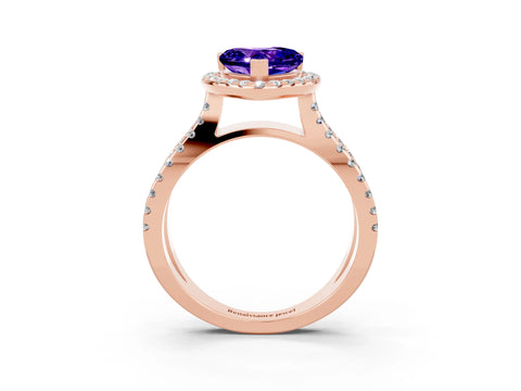 Rose gold Heart Cut Tanzanite Halo Ring with Split Shank Pavé Band and Prong Setting_3