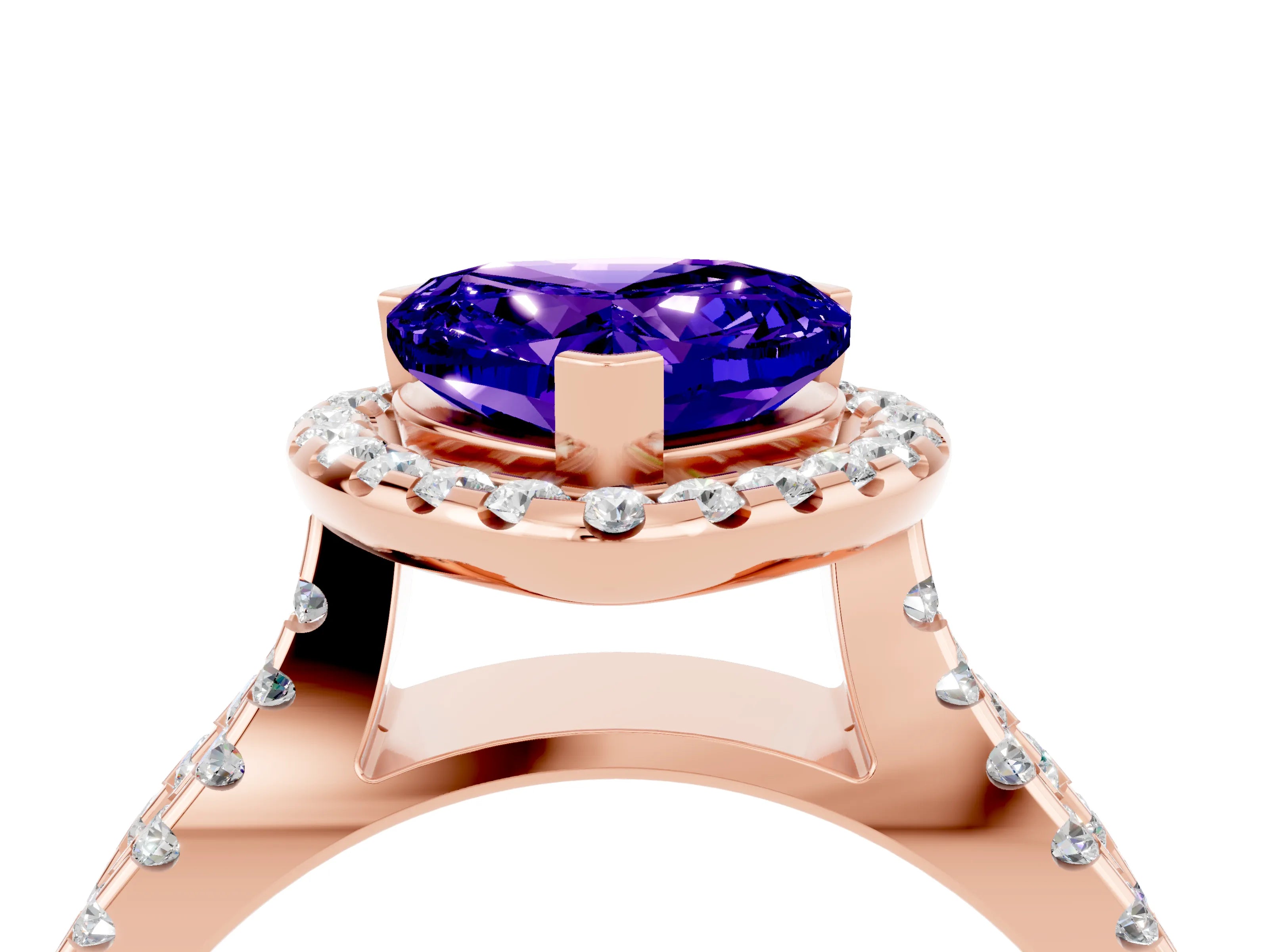 Rose gold Heart Cut Tanzanite Halo Ring with Split Shank Pavé Band and Prong Setting_4