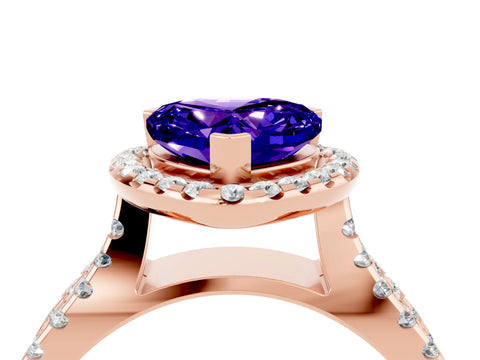 Rose gold Heart Cut Tanzanite Halo Ring with Split Shank Pavé Band and Prong Setting_4