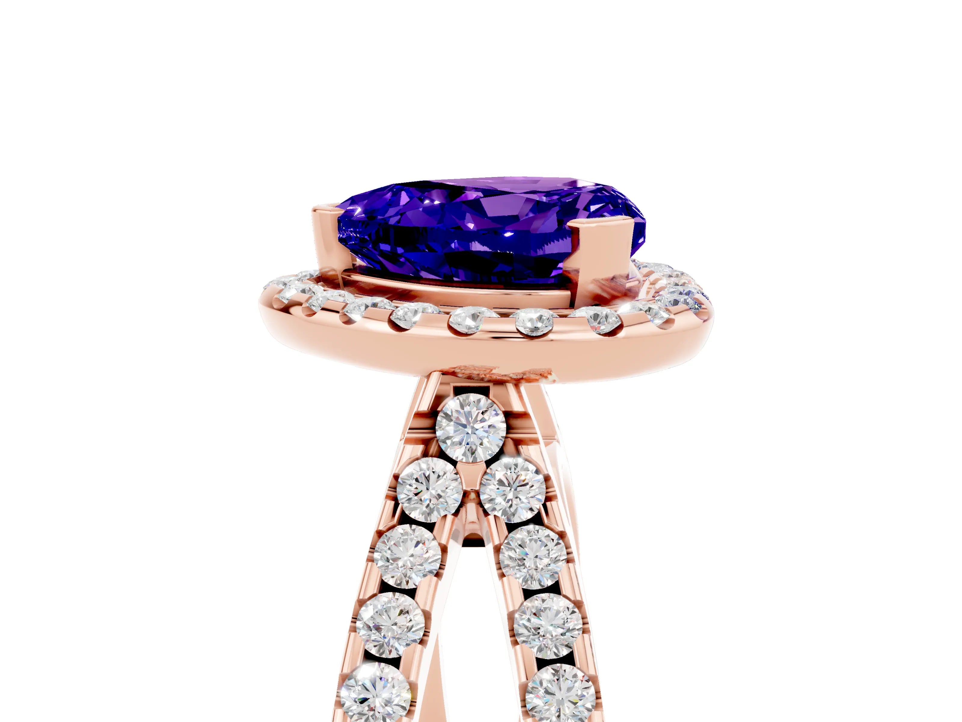 Rose gold Heart Cut Tanzanite Halo Ring with Split Shank Pavé Band and Prong Setting_5
