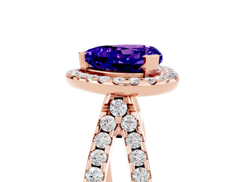 Rose gold Heart Cut Tanzanite Halo Ring with Split Shank Pavé Band and Prong Setting_5