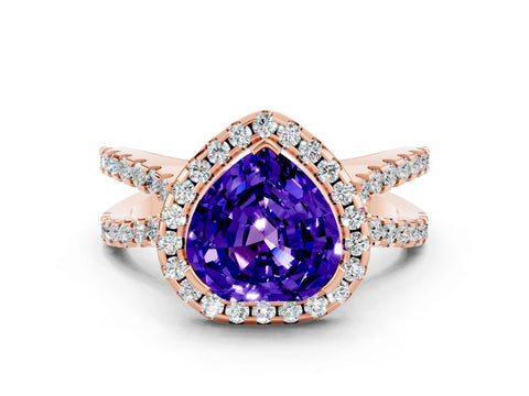 Rose gold Heart Cut Tanzanite Halo Ring with Split Shank Pavé Band and Prong Setting