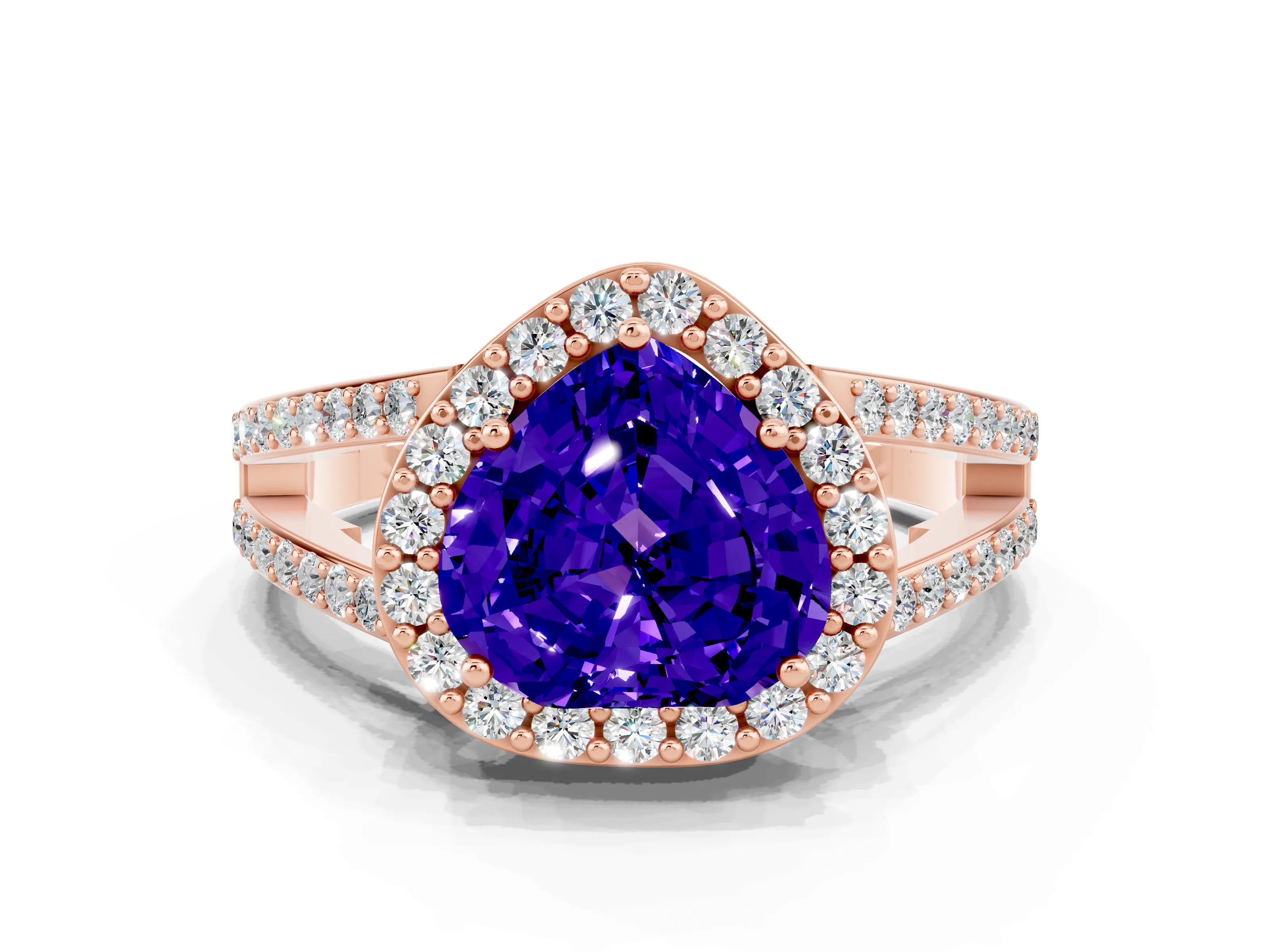 Rose gold Heart Cut Tanzanite Halo Ring with Split Shank U-Prong Band and Four-Prong Setting