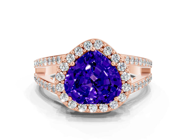 Rose gold Heart Cut Tanzanite Halo Ring with Split Shank U-Prong Band and Four-Prong Setting
