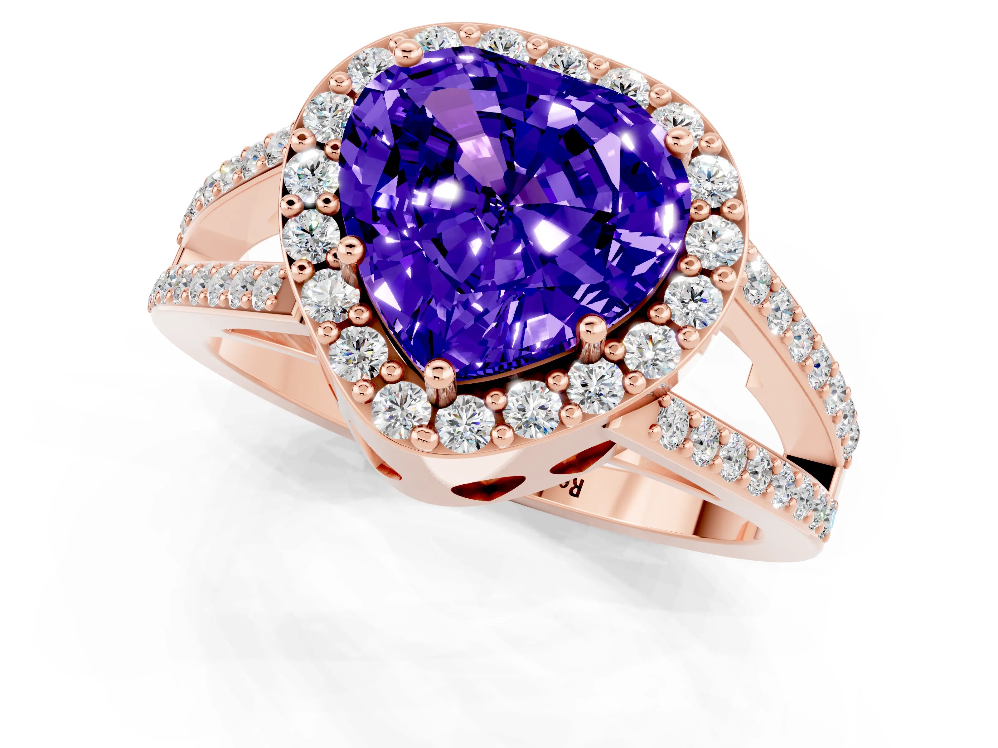 Rose gold Heart Cut Tanzanite Halo Ring with Split Shank U-Prong Band and Four-Prong Setting_1